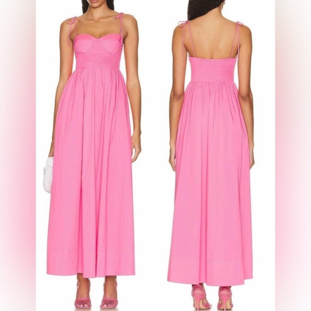 NWOT STAUD Landry Shoulder-Tie Smocked Cotton Maxi Pink  Dress sz XL